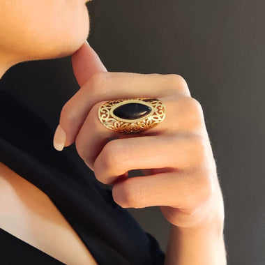 Bague Ovale Réglable En Acier Inoxydable - Émail Noir Et Gravure - Bijouxdemylene