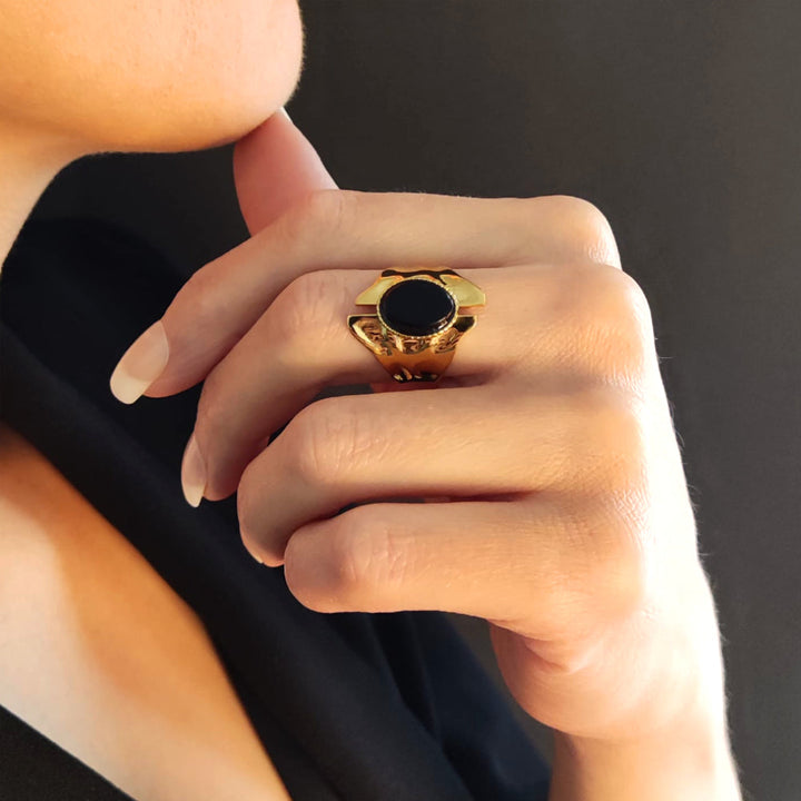 Bague minimaliste Tourmaline noire réglable acier pour femme