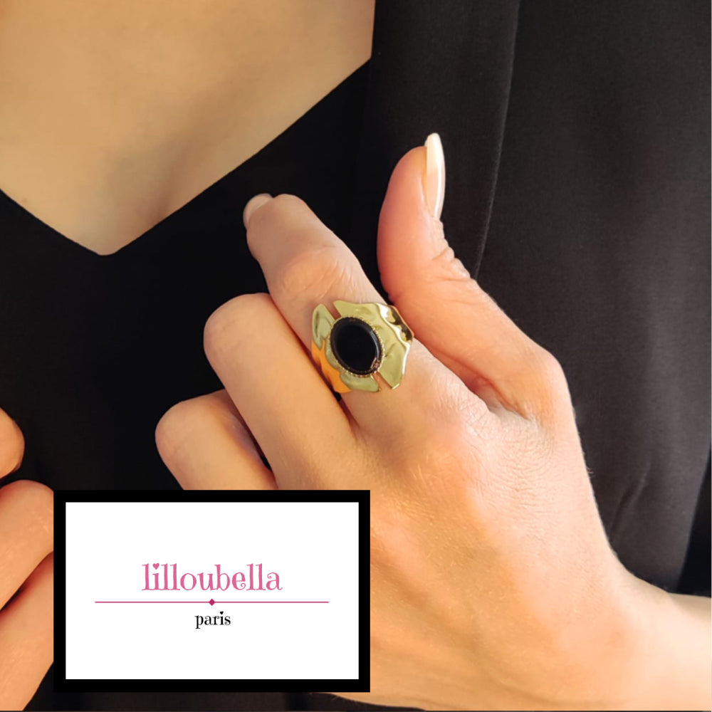 Bague minimaliste Tourmaline noire réglable acier pour femme