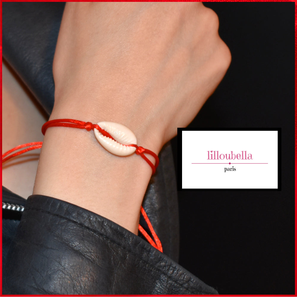 Bracelet mauvais oeil fil rouge pour femme coquillage